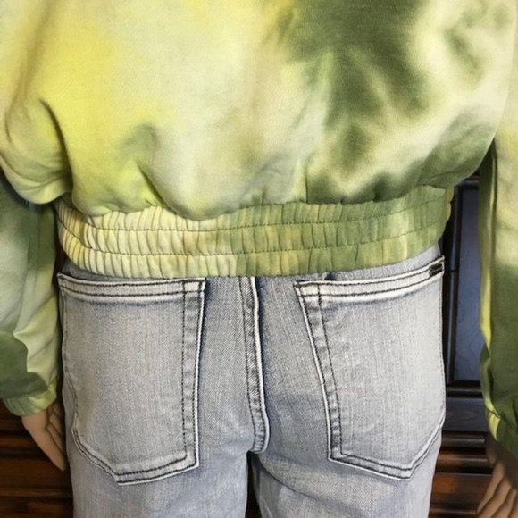 Tuscan Olive Fleece Lined Cotton Blend Cropped Tie Dye Sweatshirt Hoodie - Picture 12 of 14